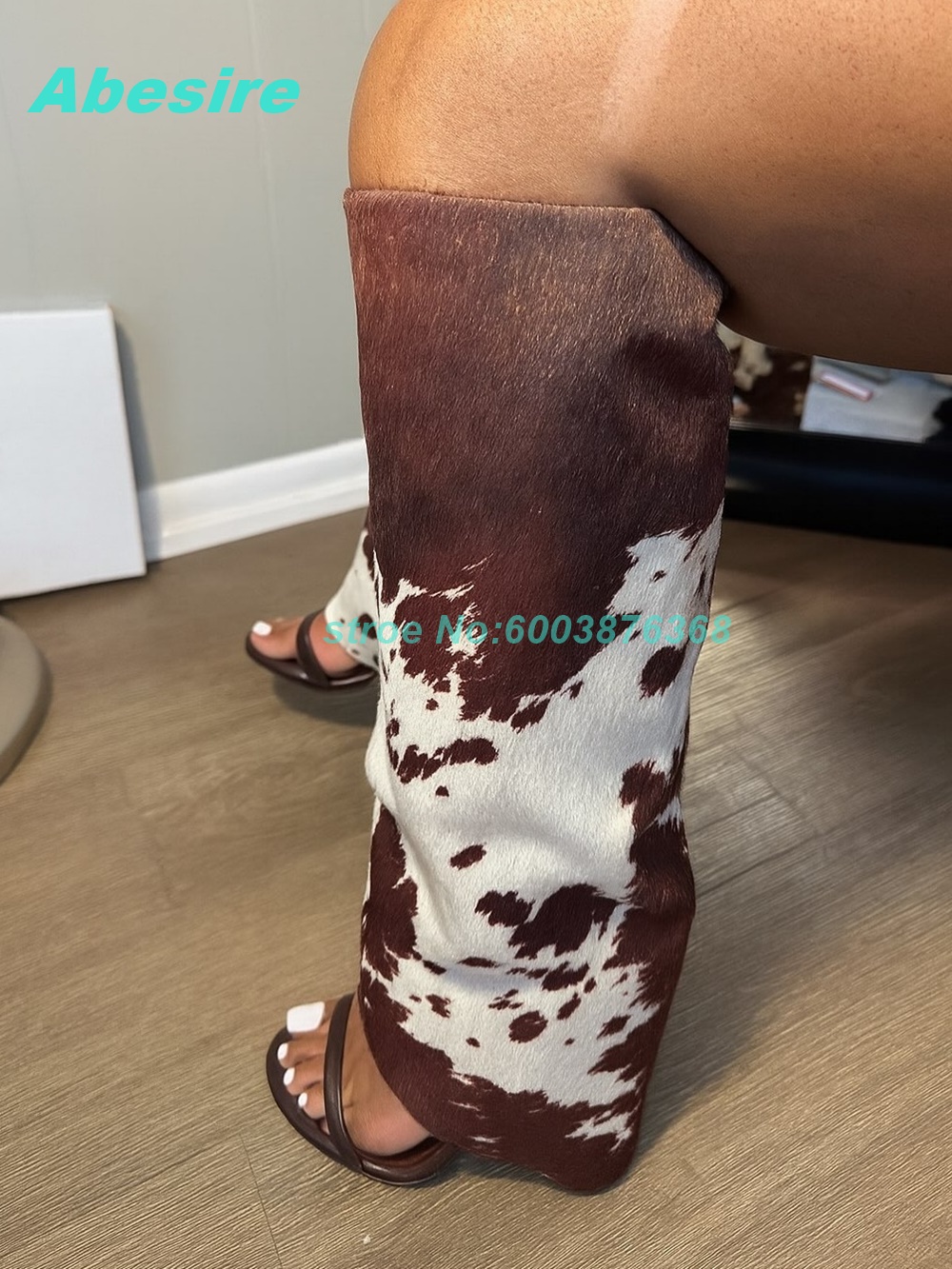 Women Shoes Boots - İnek Desenli Patchwork Süet Sandalet Botlar