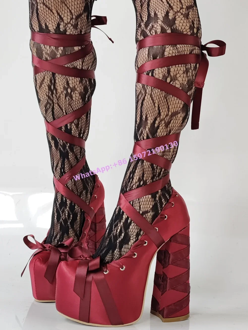 Ribbon Tie Heel - Kırmızı Saten Kurdele Platformu Pompaları Çapraz