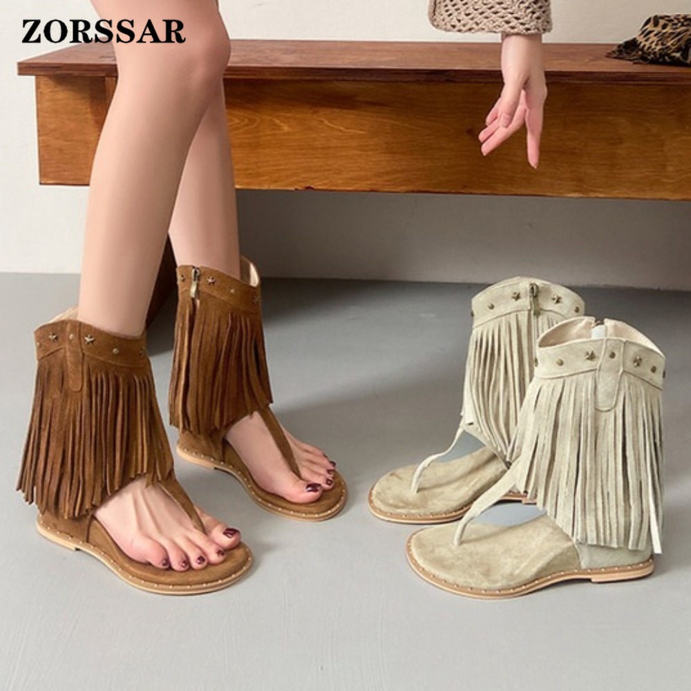 Women Shoes Boots - Kadınlar için Saçaklı Dekorlu, Çivili Parmak