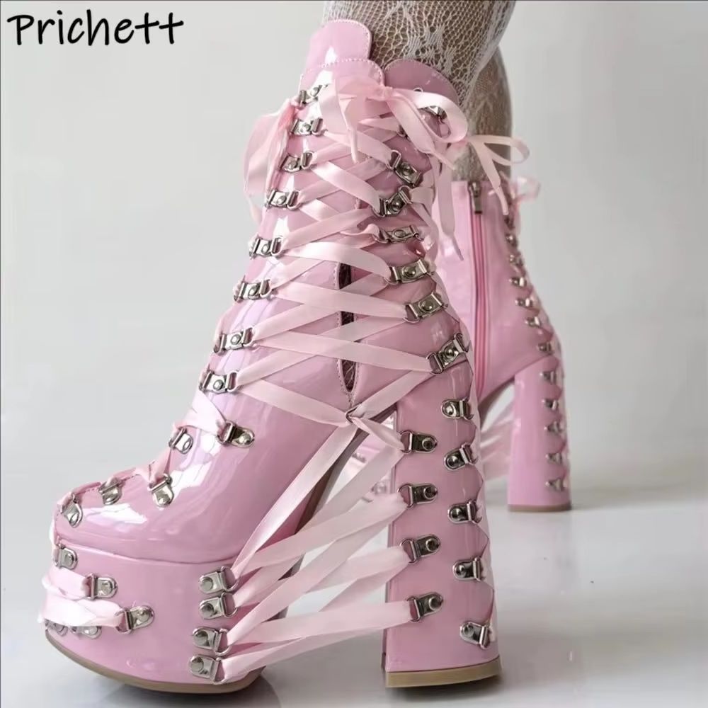 Ribbon Tie Heel - Siyah Pembe Çapraz Bağcıklı Bilek Botları