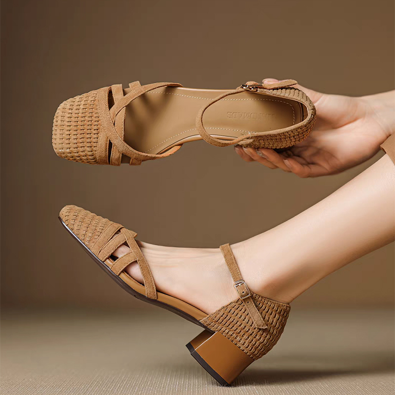 Square Toe Mule - Retro Örgü Yüksek Topuk Sandalet Kadın