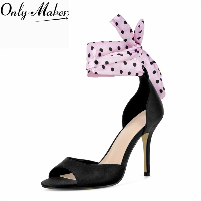 Ribbon Tie Heel - Onlymaker Puantiyeli Saten Yüksek Topuklu Açık