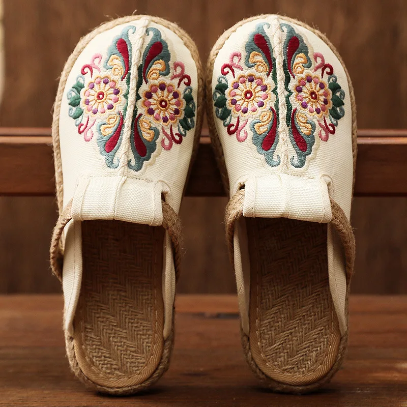 Women'S Shoes Vegan - Kadın Günlük Keten El Yapımı Nakışlı